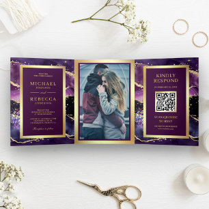 Convite Com Dobra Tripla Casamento Código QR Mármore Ágata Dourado Roxo