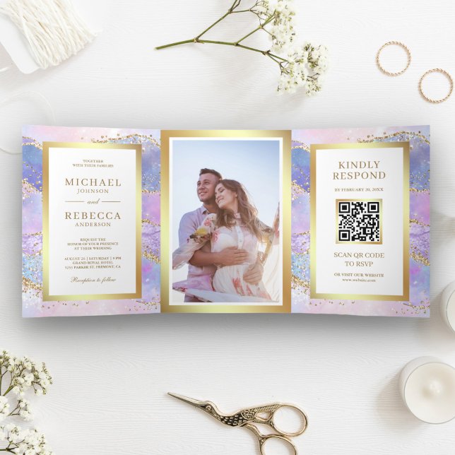 Convite Com Dobra Tripla Casamento Código QR Mármore Ágata Rosa Lavanda Dou (Criador carregado)