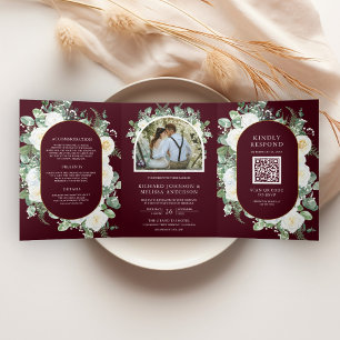 Convite Com Dobra Tripla Casamento Código QR Marrom Floral de Marfim