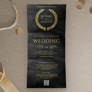 Convite Com Dobra Tripla Casamento Código QR Minimal Laurel Dourado Cinza C