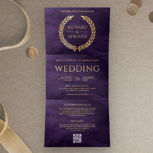 Convite Com Dobra Tripla Casamento Código QR Mínimo de Louro Dourado Roxo E