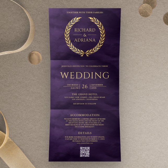 Convite Com Dobra Tripla Casamento Código QR Mínimo de Louro Dourado Roxo E (Criador carregado)