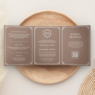 Convite Com Dobra Tripla Casamento Código QR Monograma Marrom e Branco
