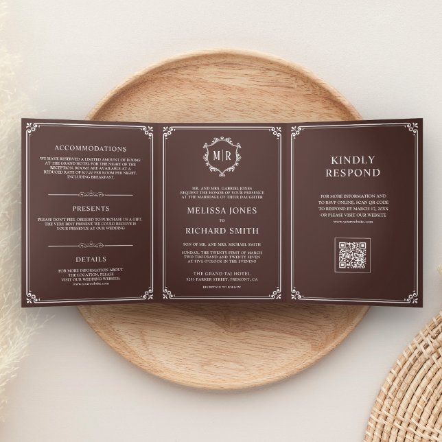 Convite Com Dobra Tripla Casamento Código QR Monograma Marrom e Branco (Criador carregado)