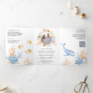 Convite Com Dobra Tripla Casamento Código QR Náutico Aquarela Submarino