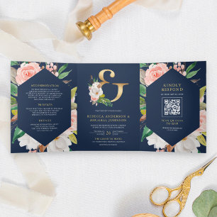 Convite Com Dobra Tripla Casamento Código QR Naval Ampersand Floral Rosa Ru
