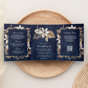 Convite Com Dobra Tripla Casamento Código QR Naval Folhas de Palmeira Secas