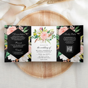 Convite Com Dobra Tripla Casamento Código QR Preto Floral Rosa Magnólia Bra
