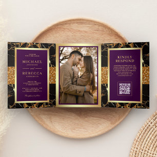 Convite Com Dobra Tripla Casamento Código QR Preto Mármore Dourado Roxo Rea