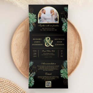 Convite Com Dobra Tripla Casamento Código QR Preto Monstera Palma Tropical 