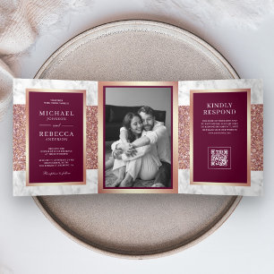 Convite Com Dobra Tripla Casamento Código QR Rosa Dourado Mármore Branco