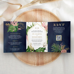 Convite Com Dobra Tripla Casamento Código QR Rosa Floral Dourado Tropical
