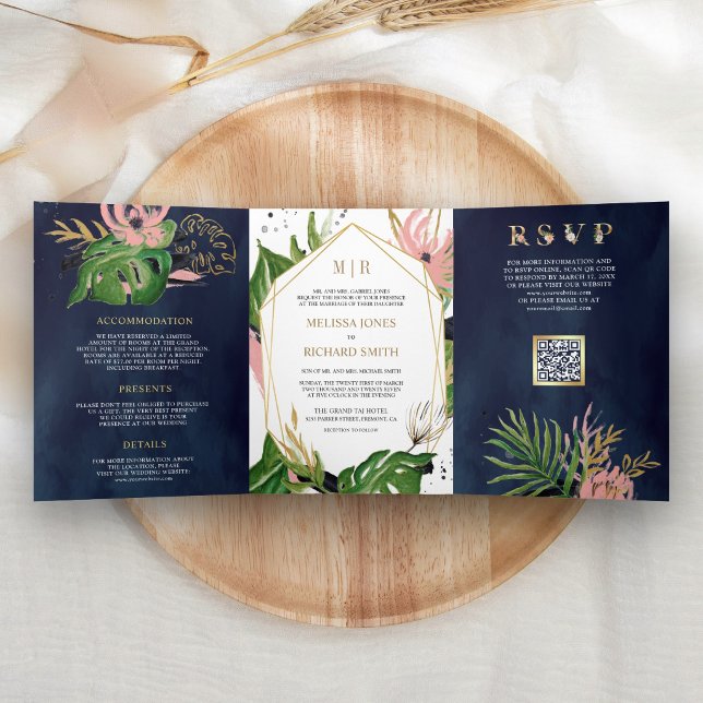 Convite Com Dobra Tripla Casamento Código QR Rosa Floral Dourado Tropical (Criador carregado)