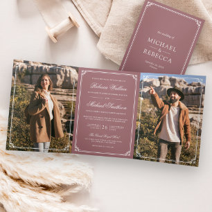 Convite Com Dobra Tripla Casamento Código QR Rosa Poeira Branco Minimalista