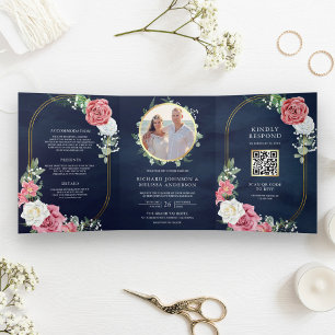 Convite Com Dobra Tripla Casamento Código QR Rosa Rosa Boho Rústico Floral
