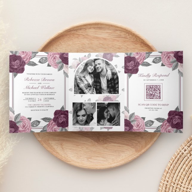 Convite Com Dobra Tripla Casamento Código QR Rosa Roxo Mauve Desbotado (Criador carregado)
