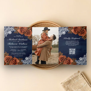 Convite Com Dobra Tripla Casamento Código QR Rosa Terracota Empoeirada Azul