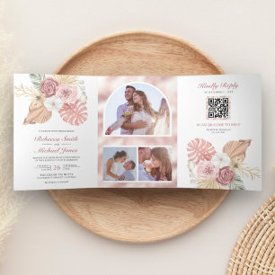 Convite Com Dobra Tripla Casamento Código QR Rosas Rosa Empoeiradas Boho Rú