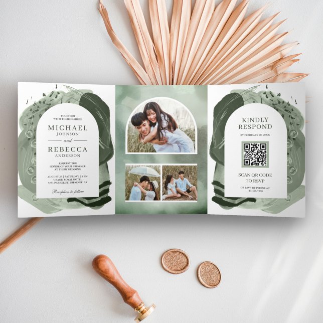 Convite Com Dobra Tripla Casamento Código QR Traços de Pincel Verde Sábio B (Criador carregado)