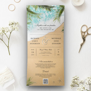 Convite Com Dobra Tripla Casamento Código QR Tudo em Um Palmeira de Praia T