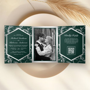 Convite Com Dobra Tripla Casamento Código QR Verde Esmeralda com Brilho de