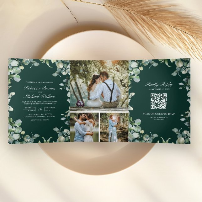 Convite Com Dobra Tripla Casamento Código QR Verde Esmeralda Eucalipto Mode (Criador carregado)