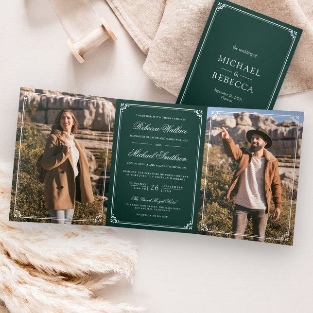 Convite Com Dobra Tripla Casamento Código QR Verde Esmeralda Foto Minimalis (Criador carregado)