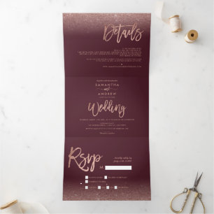 Convite Com Dobra Tripla casamento com a lágrima de ouro ombre red burgundy