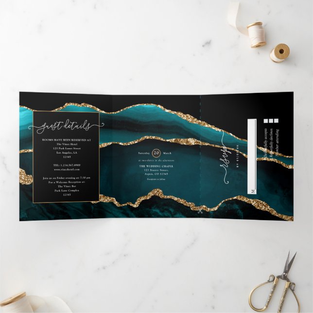 Convite Com Dobra Tripla Casamento com Ágata Azul e Dourado (Dentro)