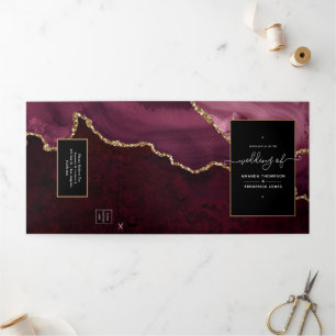 Convite Com Dobra Tripla Casamento com Ágata Burgundy e Dourado