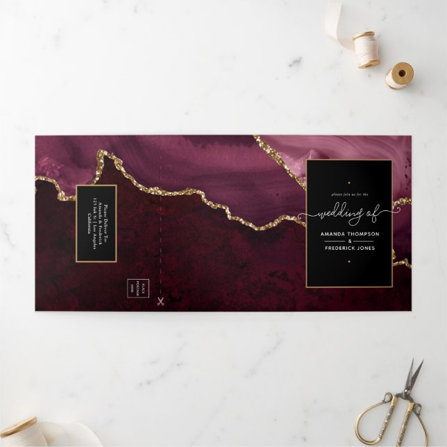 Convite Com Dobra Tripla Casamento com Ágata Burgundy e Dourado (Fora)