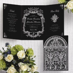 Convite Com Dobra Tripla Casamento com Arco de Porta Barroco Preto e Branco