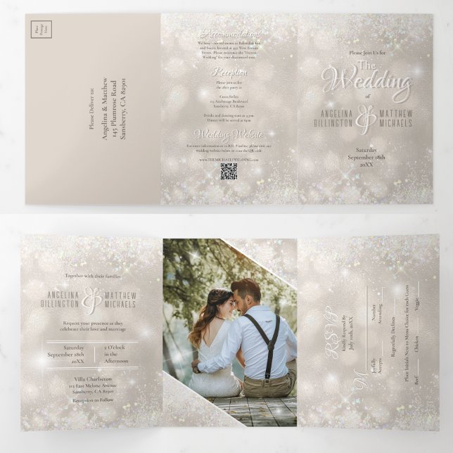 Convite Com Dobra Tripla Casamento com Brilho de Champanhe Foto Tudo em Um  (All in One Trifold Champagne Glitter Budget Wedding Invitation)