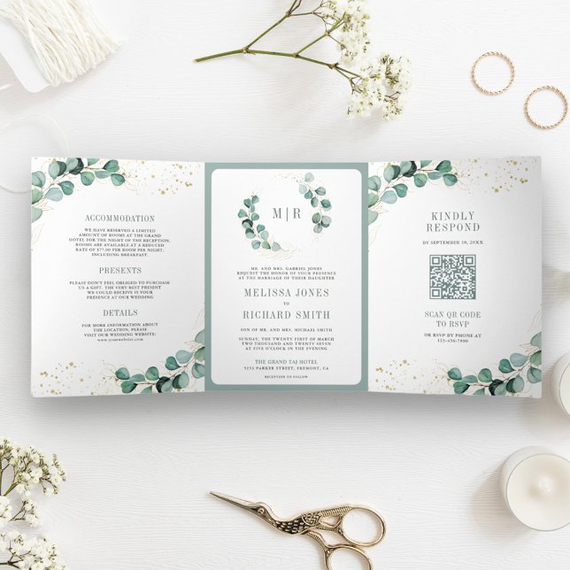 Convite Com Dobra Tripla Casamento com Código de QR de Eucalyptus Dourado e (Criador carregado)