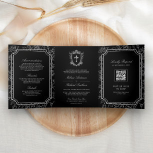 Convite Com Dobra Tripla Casamento com Código QR Católico Negro Vitoriano