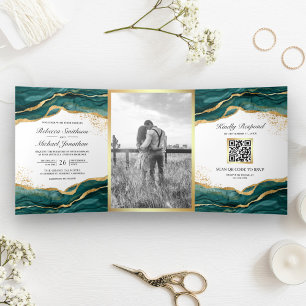 Convite Com Dobra Tripla Casamento com Código QR de Abstrato Dourado Teal