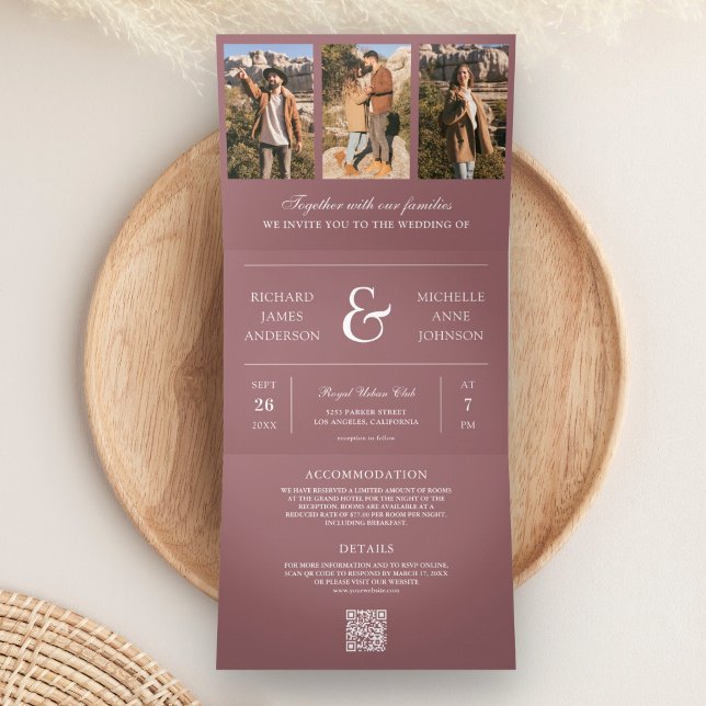 Convite Com Dobra Tripla Casamento com Código QR de Colagem de Fotos Mínima (Criador carregado)
