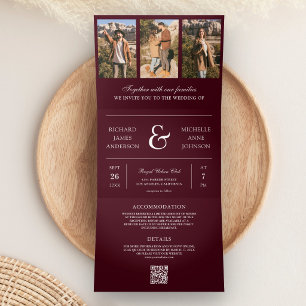 Convite Com Dobra Tripla Casamento com Código QR de Colagem de Fotos Minima