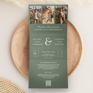 Convite Com Dobra Tripla Casamento com Código QR de Colagem de Fotos Minima