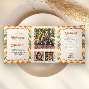 Convite Com Dobra Tripla Casamento com Código QR de Foto Chevron Colorido R
