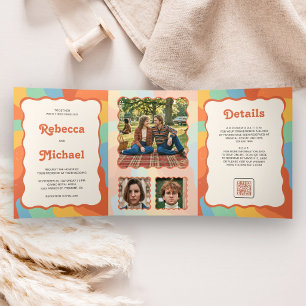 Convite Com Dobra Tripla Casamento com Código QR de Foto Colorida Groovy do