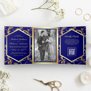 Convite Com Dobra Tripla Casamento com Código QR de Foto com Florescimento 