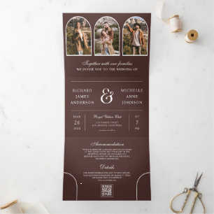 Convite Com Dobra Tripla Casamento com Código QR de Foto de Arco Mínimo Mar