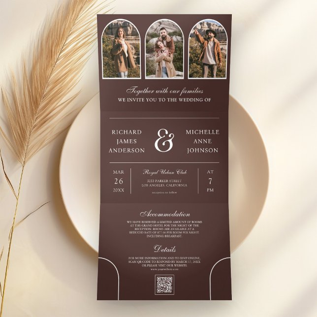 Convite Com Dobra Tripla Casamento com Código QR de Foto de Arco Mínimo Mar (Criador carregado)