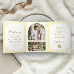 Convite Com Dobra Tripla Casamento com Código QR de Foto Listrada Amarela C