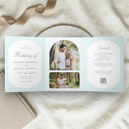 Convite Com Dobra Tripla Casamento com Código QR de Foto Listrada Azul Past