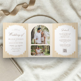 Convite Com Dobra Tripla Casamento com Código QR de Foto Listrada Bege Clás