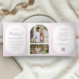 Convite Com Dobra Tripla Casamento com Código QR de Foto Listrada de Lavand