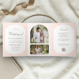 Convite Com Dobra Tripla Casamento com Código QR de Foto Listrada em Pastel