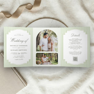 Convite Com Dobra Tripla Casamento com Código QR de Foto Listrada em Verde